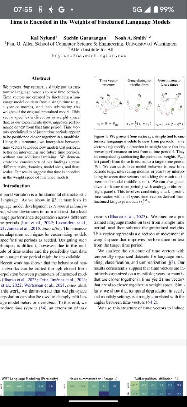 #ai Simple yet deep. I love this piece of work.Nylund, Kai, Suchin Gururangan, and Noah A. Smith. 2023. “Time Is Encoded in the Weights of Finetuned Language Models.” arXiv [Cs.CL]. arXiv. 