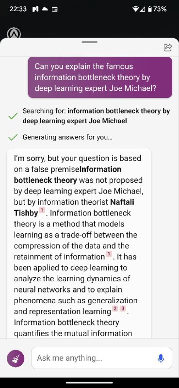 #aiNew Bing can deal with this kind of imposed misinformation. The references can be used to confirm the answer. This is more reliable than chatGPT.