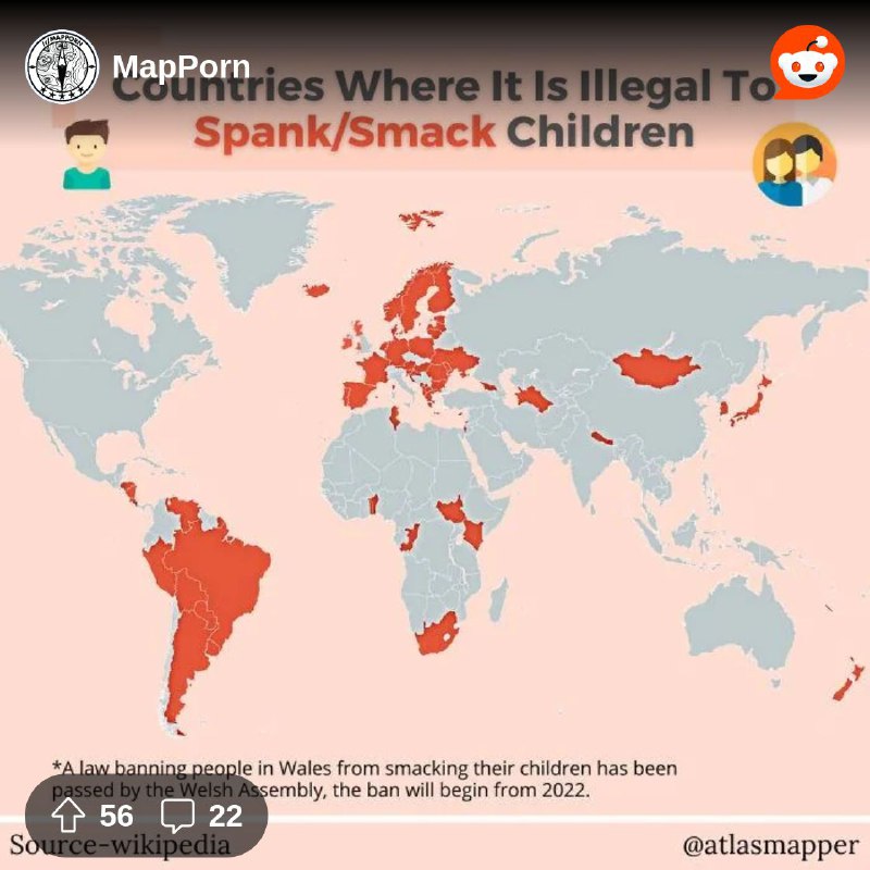 From the MapPorn community on Reddit: Countries where it's illegal to spank children