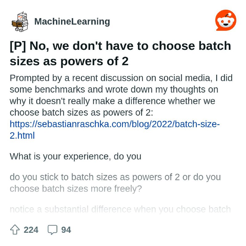 From the MachineLearning community on Reddit: [P] No, we don't have to choose batch sizes as powers of 2
