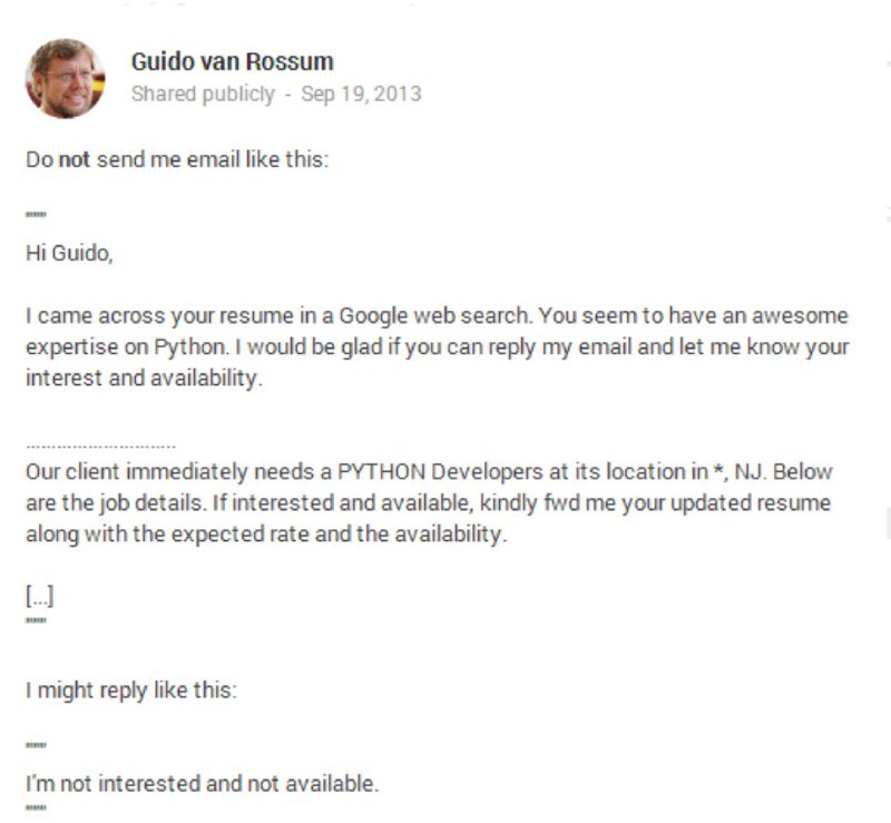 #funI was digging into my google drive files and found this funny story in one of my slide decks. Just in case, Guido is the creator of Python.I do not have any reference for this screenshot as I didn't include one in my slide. So I would call this unverified.